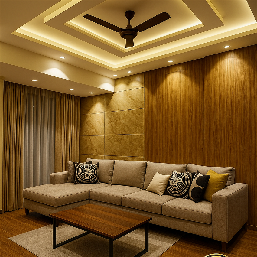 Warm modern living room with an L-shaped sofa, wooden accent wall, recessed ceiling lighting, ceiling fan, and minimalist coffee table.
