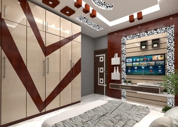 Modern bedroom interior with geometric wooden wardrobes, a wall-mounted TV unit with patterned panels, false ceiling lights, and a neutral color palette.