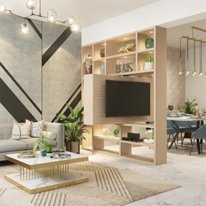 Modern living room with a wooden swivel TV unit that doubles as an open partition, featuring shelves, neutral tones, indoor plants, and contemporary lighting.