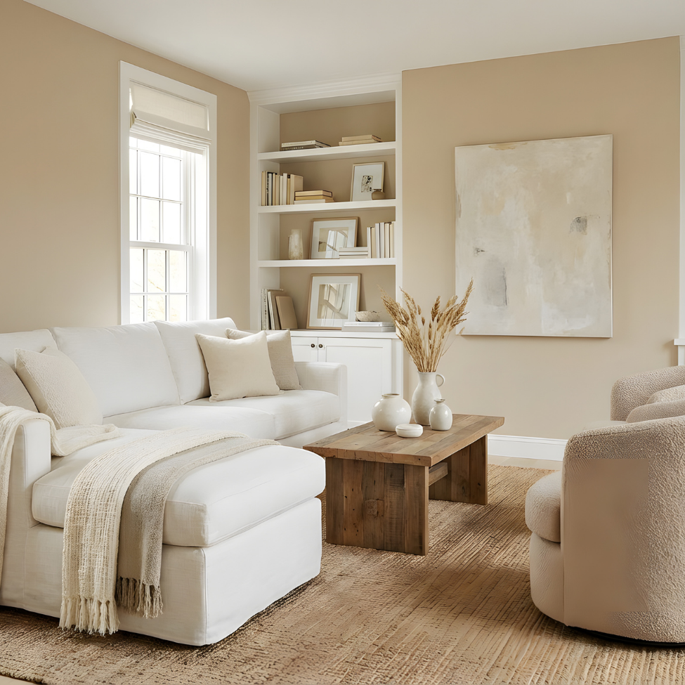 Minimalist beige living room interior with white sofa, neutral cushions, wooden coffee table, built-in shelves, soft textures, and warm natural light.